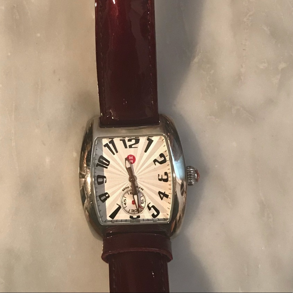 Michele watch with burgundy patent leather strap
